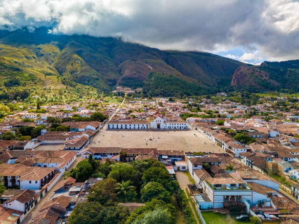 Villa de Leyva, colonial town known for Plaza Mayor, largest stone-paved square in South America, cobblestone streets, whitewashed buildings and historical UNESCO architecture. Boyaca, Colombia.