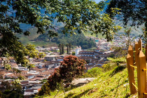 View from the Monserrate hill of the urban area of the beautiful heritage town of Aguadas located in the Caldas department in Colombia.
