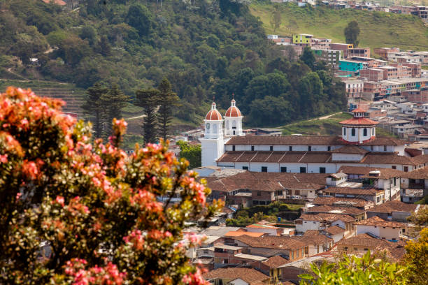View from the Monserrate hill of the urban area of the beautiful heritage town of Aguadas located in the Caldas department in Colombia.